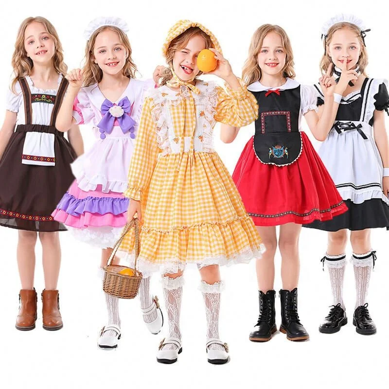 Kids Oktoberfest Costume Beer Maid Dress Dirndl German Children Girls Bavarian Halloween Costume