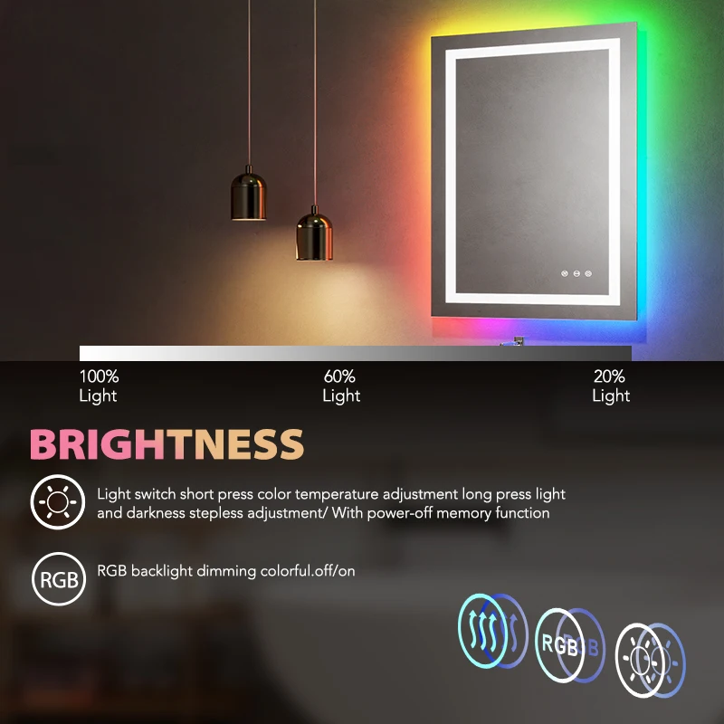 2436/3636/4836/6036 Inch Touch Screen Smart Anti Fog Hotel Rgb Led Frameless Bathroom Mirror With Led Light