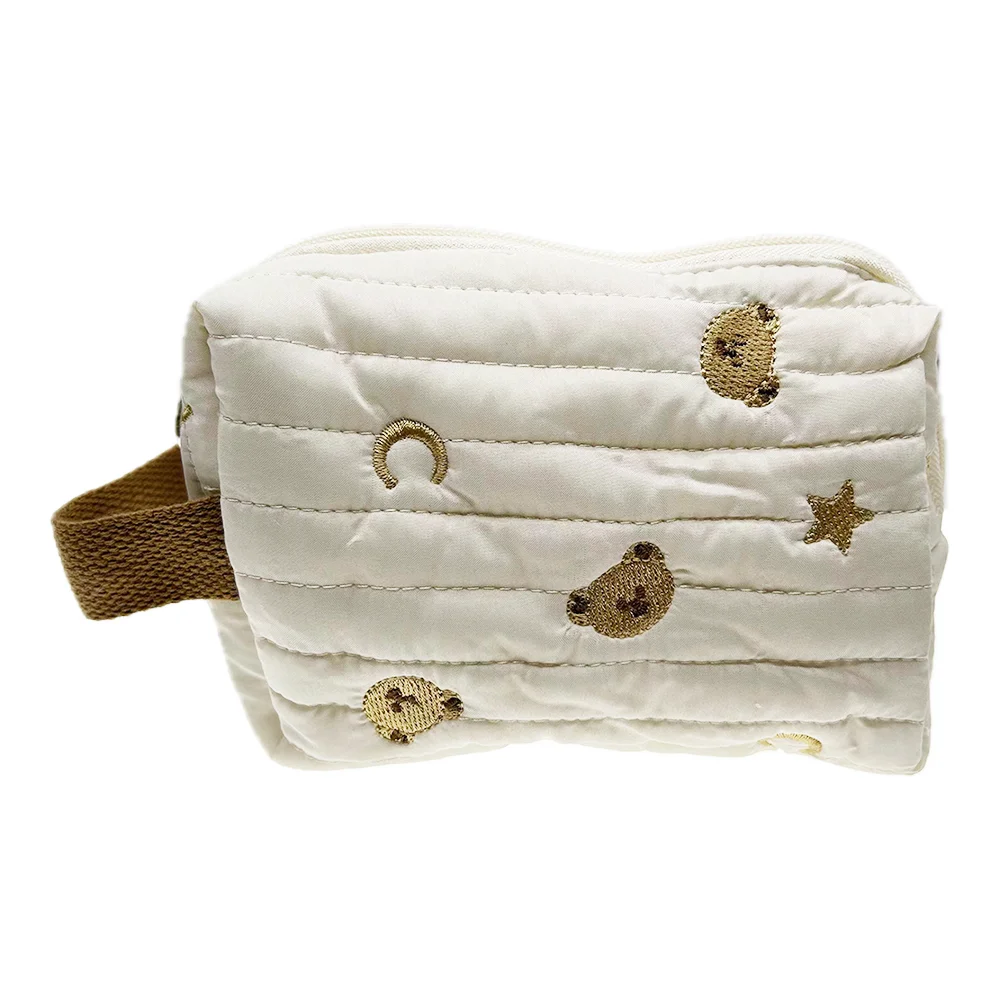 Custom Cartoon Cosmetic Bag Bears Students Pen Case Handle Aesthetic Zipper Large Makeup Pouch Beige 8.8 Inch Pencil Case Kawaii