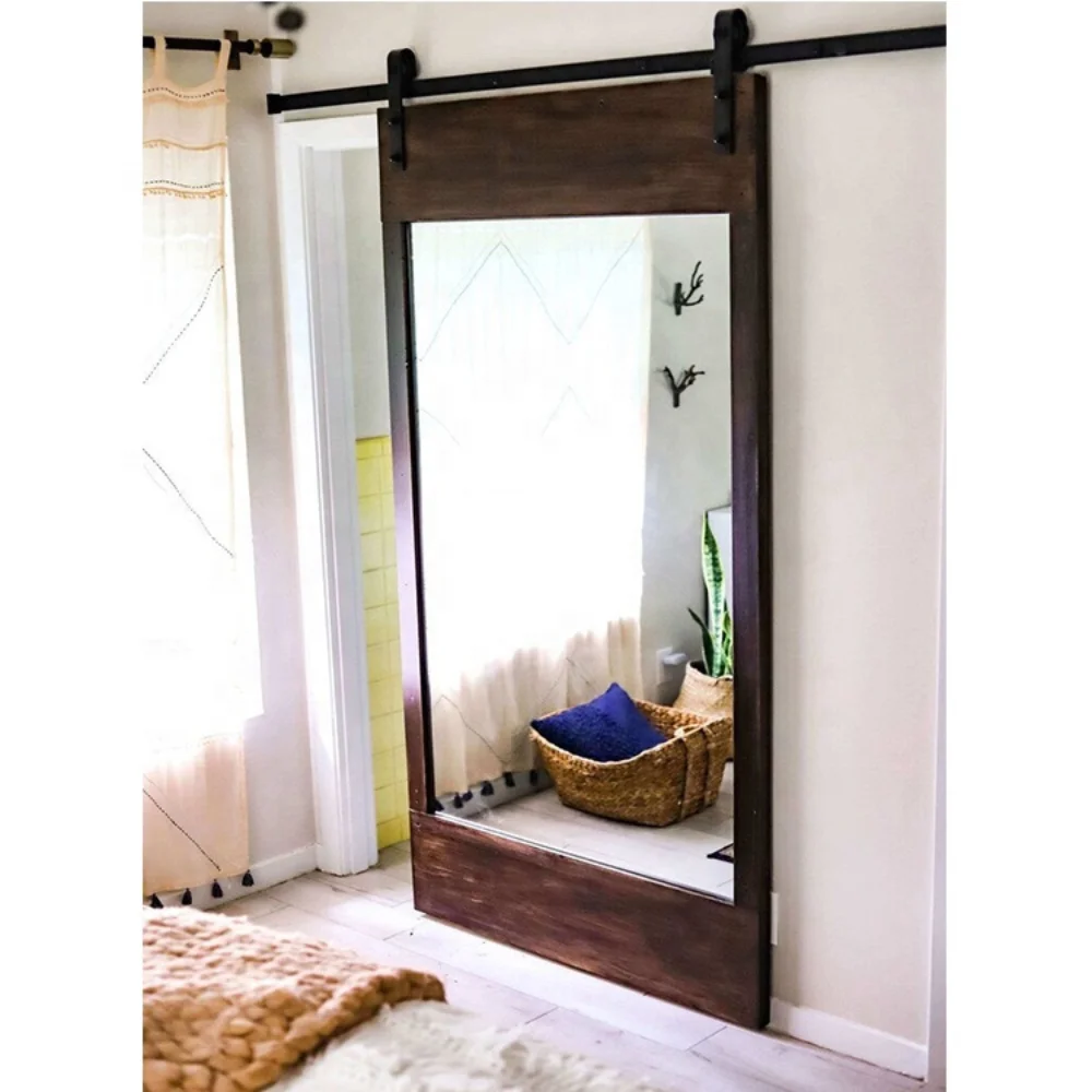 Elegant Mirror Wood Door Grey Painted Interior Bedroom Sliding Mirrored Barn Door With Hardware