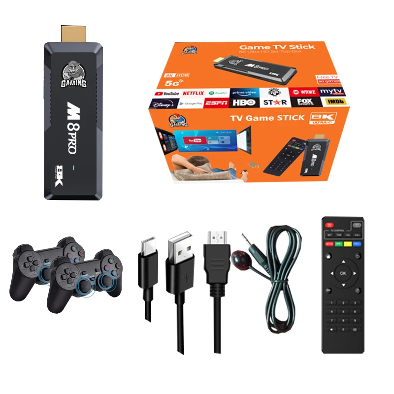 4K Game TV Stick M8 Pro Video Game Console 2.4G Wireless Controller Dual System Watch TV Play Games