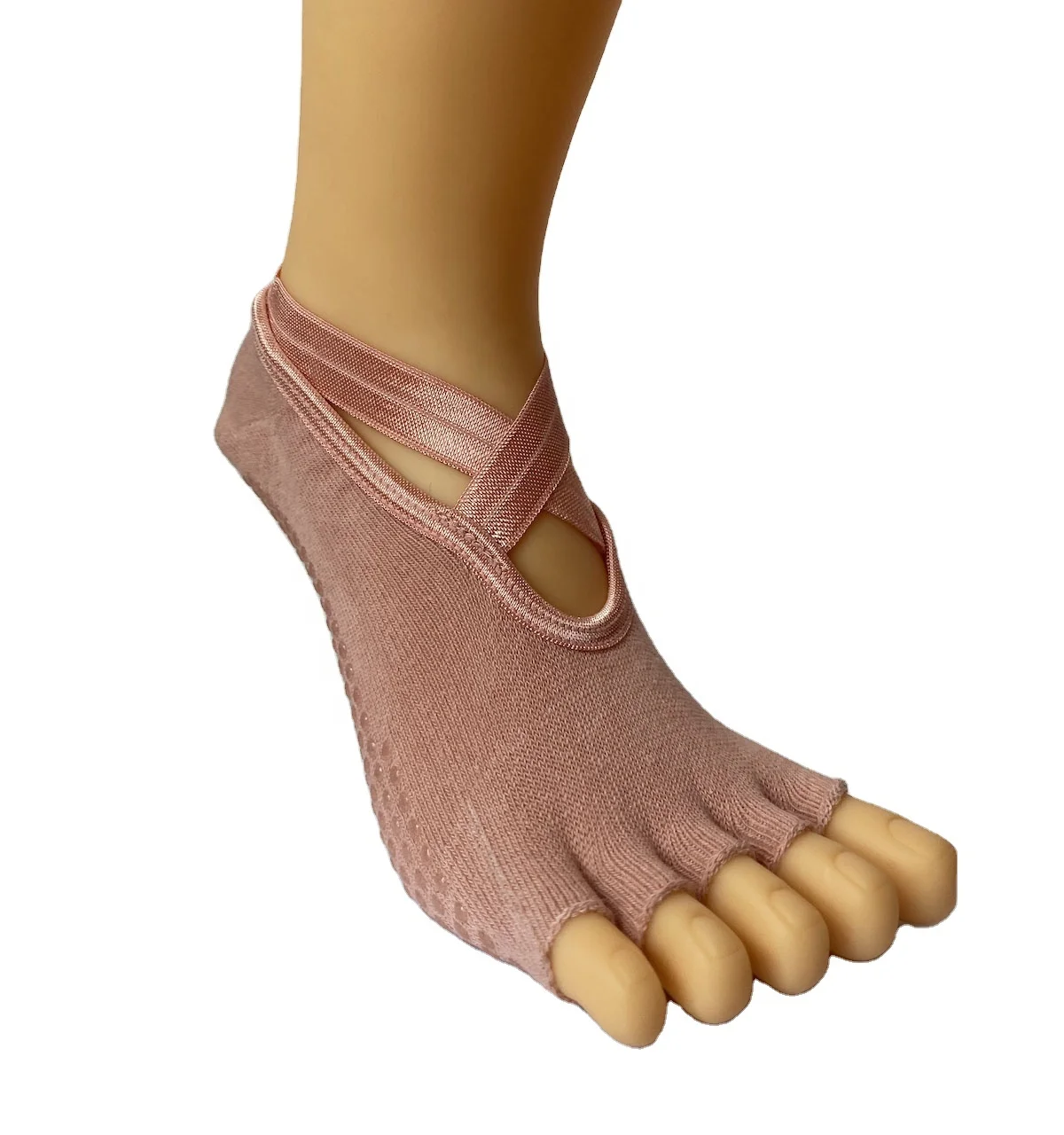 Custom Personalized Women Cotton Straps Non Slip Grip Pilates Open Toe Pink Socks