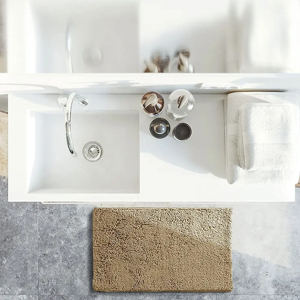 Custom High Hair Chenille Anti Slip Bath Room Mat Shaggy Absorbent Washable Bathroom Rug Solid Color Waterproof Floor Bath Mat