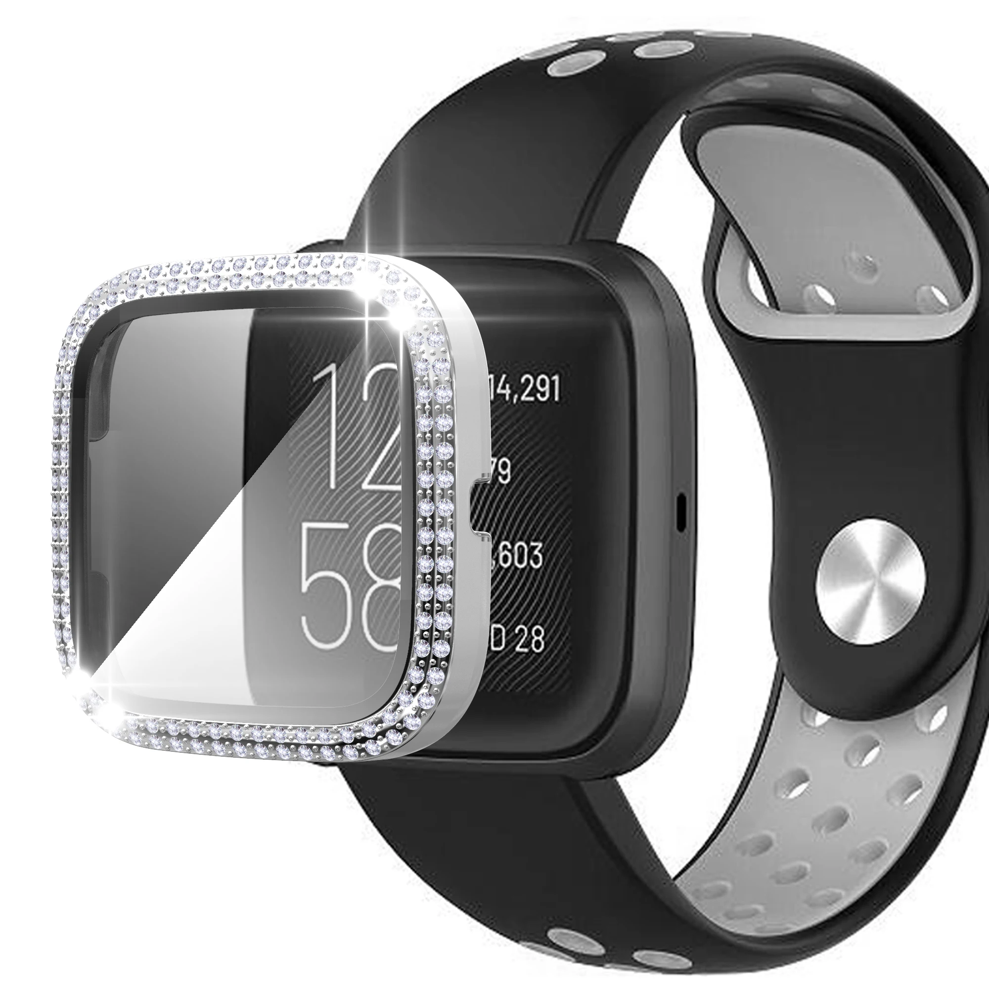 Bling Case Compatible with Fitbit Versa 2 Full Diamonds Rhinestone Protector Cover Hard PC Bumper Frame