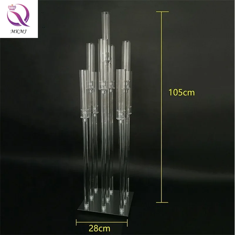 Low MOQ can be customized European wedding centerpiece Transparent 9-arm crystal candlestick clear acrylic wedding road guide