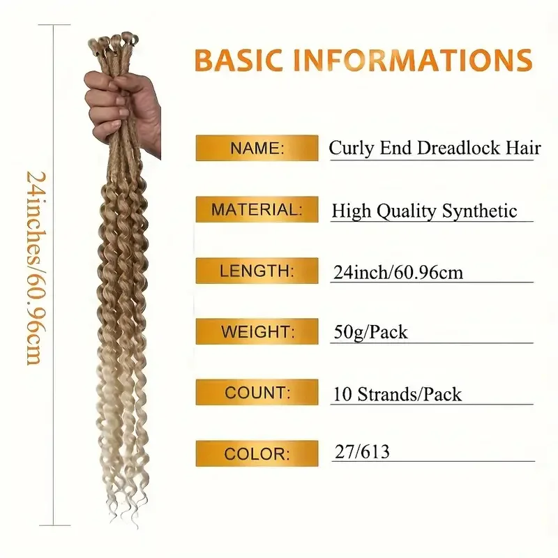 24-Inch Soft Handmade Synthetic Dreadlock Extensions 10 Strands/Pack with Curly Ends High Temperature Fiber Braids Locs SE Brand
