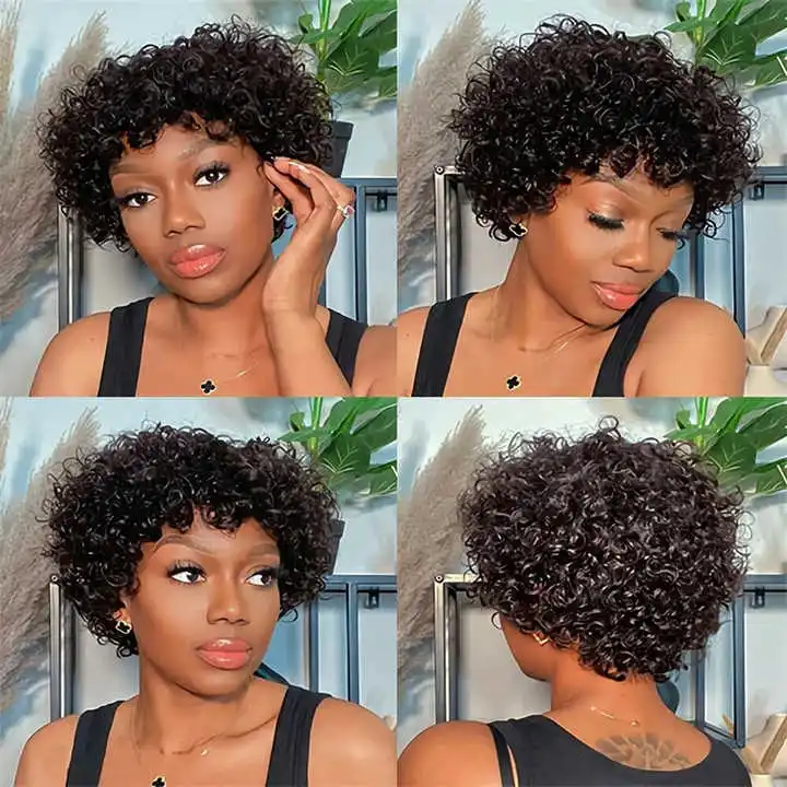 No Lace Pixie Cut Curly Human Hair Wigs With Bangs Full Machine Made Glueless Short Curly Wigs Human Hair For Black Women