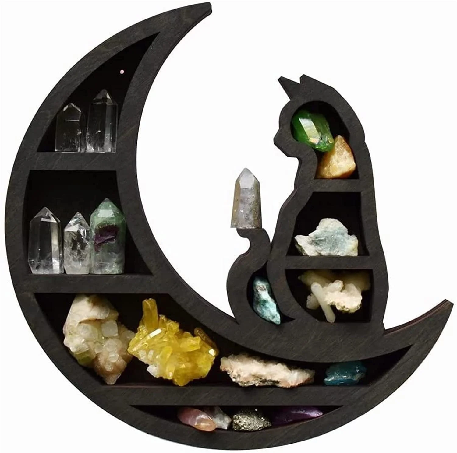 new hot Cat in the Moon Crystal Wooden Shelf, round wooden wall decor moon star spirit, wall mounted cat shelf with two steps