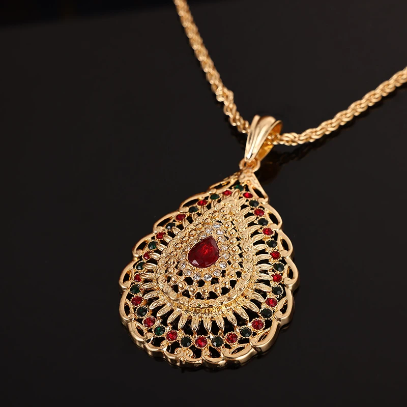 Morocco Jewelry Set Water Drop Crystal Big Pendant Necklace Earring Luxury Metal Wedding Jewelry Algerian Party Caftan Jewelry