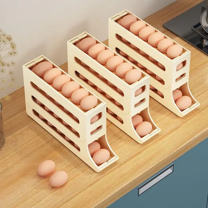 Large Capacity Eggs Dispenser Storage 4 Tiers Auto Rolling Egg Holder Organizer Tray 4 Layers Egg Rack For Fridge