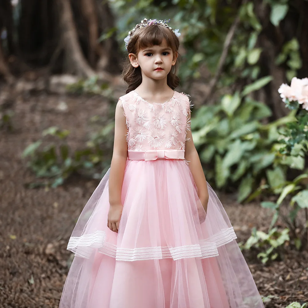Elegant Style White Wedding Gown Exquisite Pink  Flower Girl  Dress  Kid Party Dresses for Party Birthday Girl Dresses for 12yrs