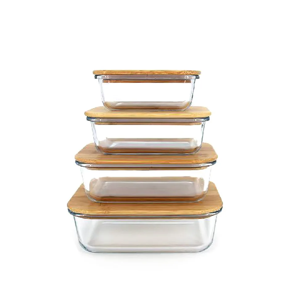 Bamboo Wood Lid Wooden Lid Glass Fresh Lunch Box Containers Oven Rectangular Sealed Borosilicate Glass Box
