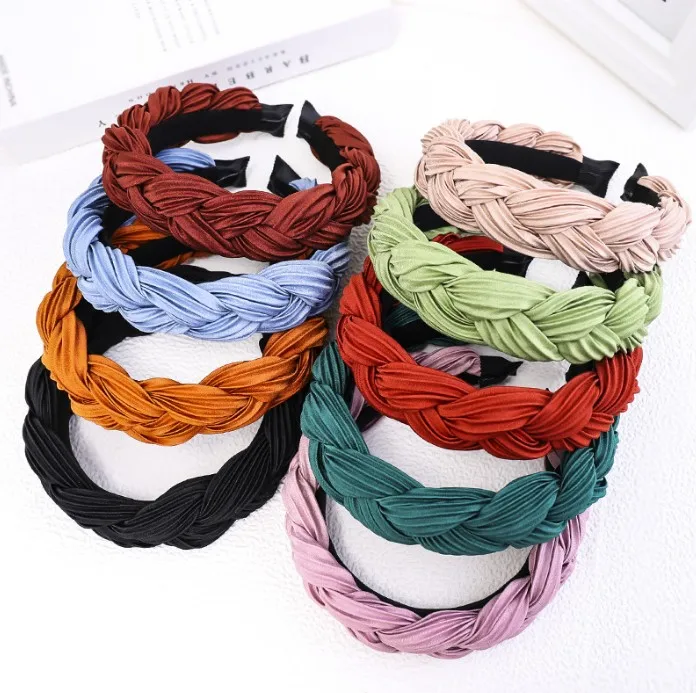 new design silk satin crease twist braided headband wholesale fashion solid color fabric woven headband women