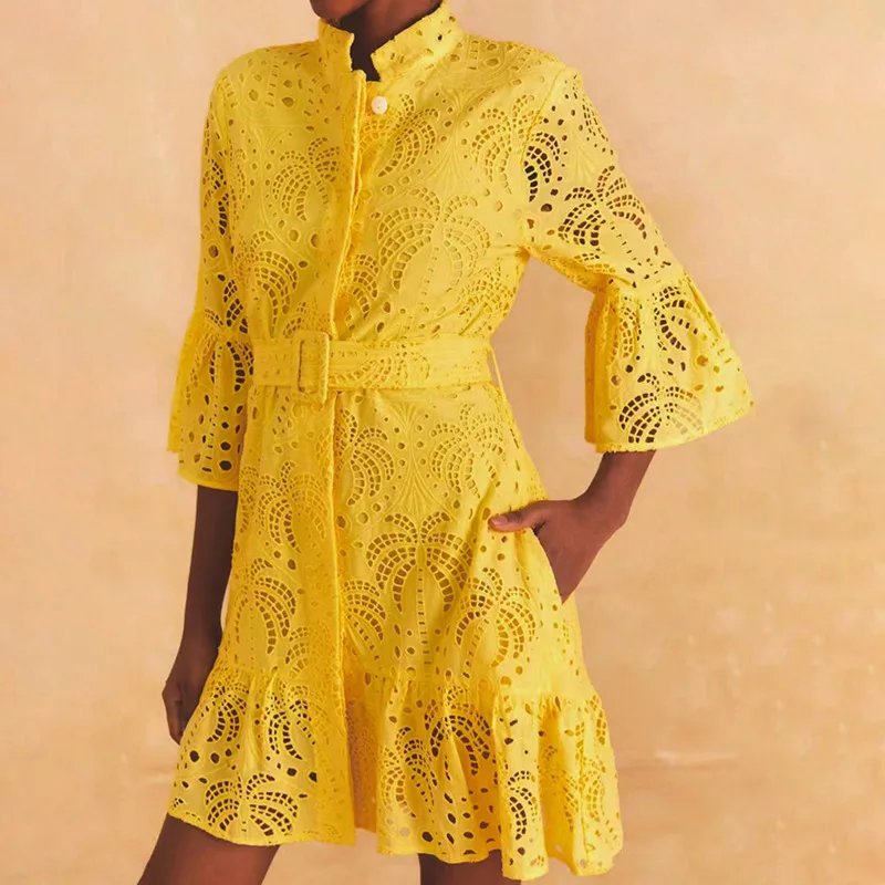 New arrival vintage heavy industry embroidery short skirt fashionable dress dress with flared sleeves tucked in waist