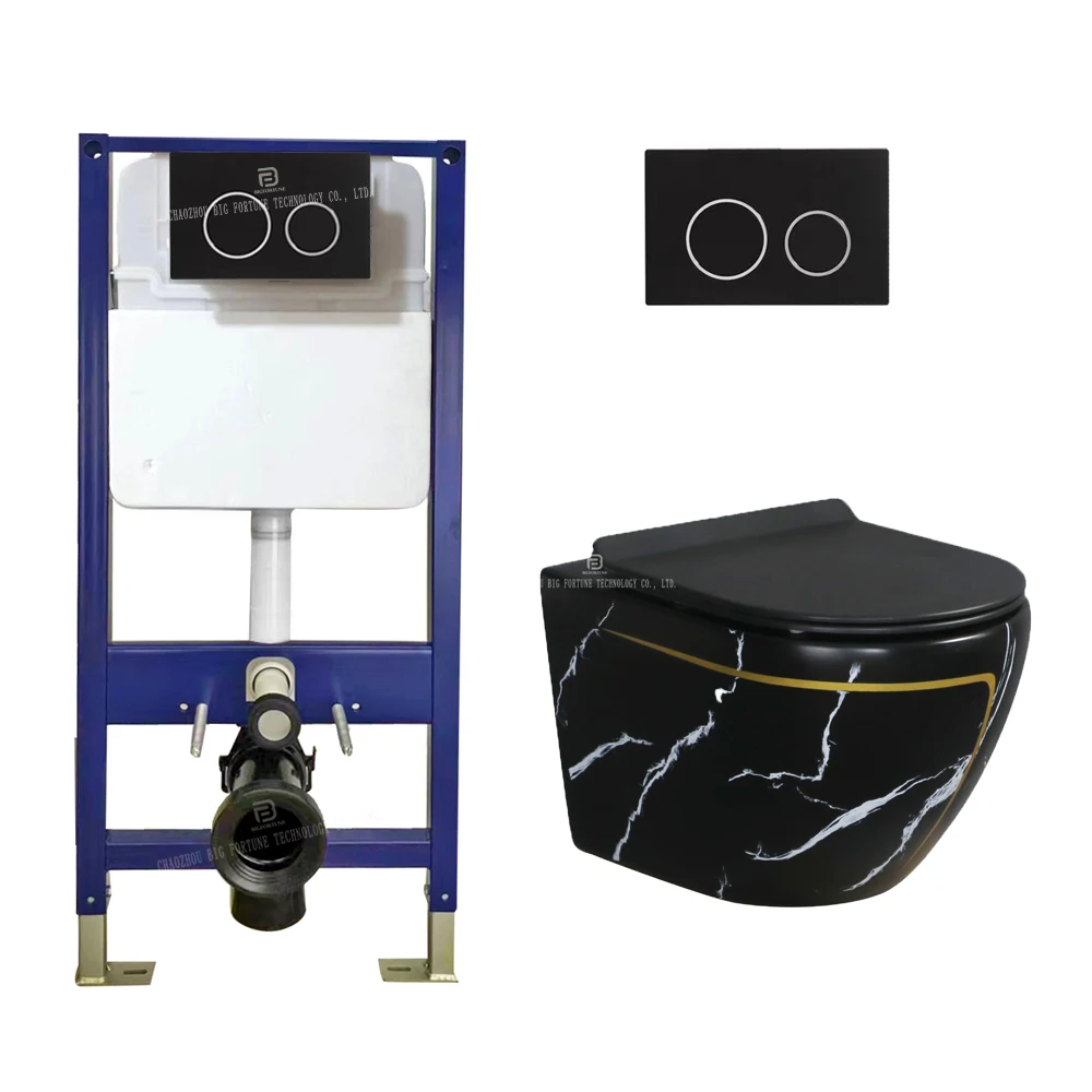 Modern Porcelain Wall Mounted Toilets Floating Concealed Cistern Toilet Black Marble Washdown Wall-hung Toilet For Hotel