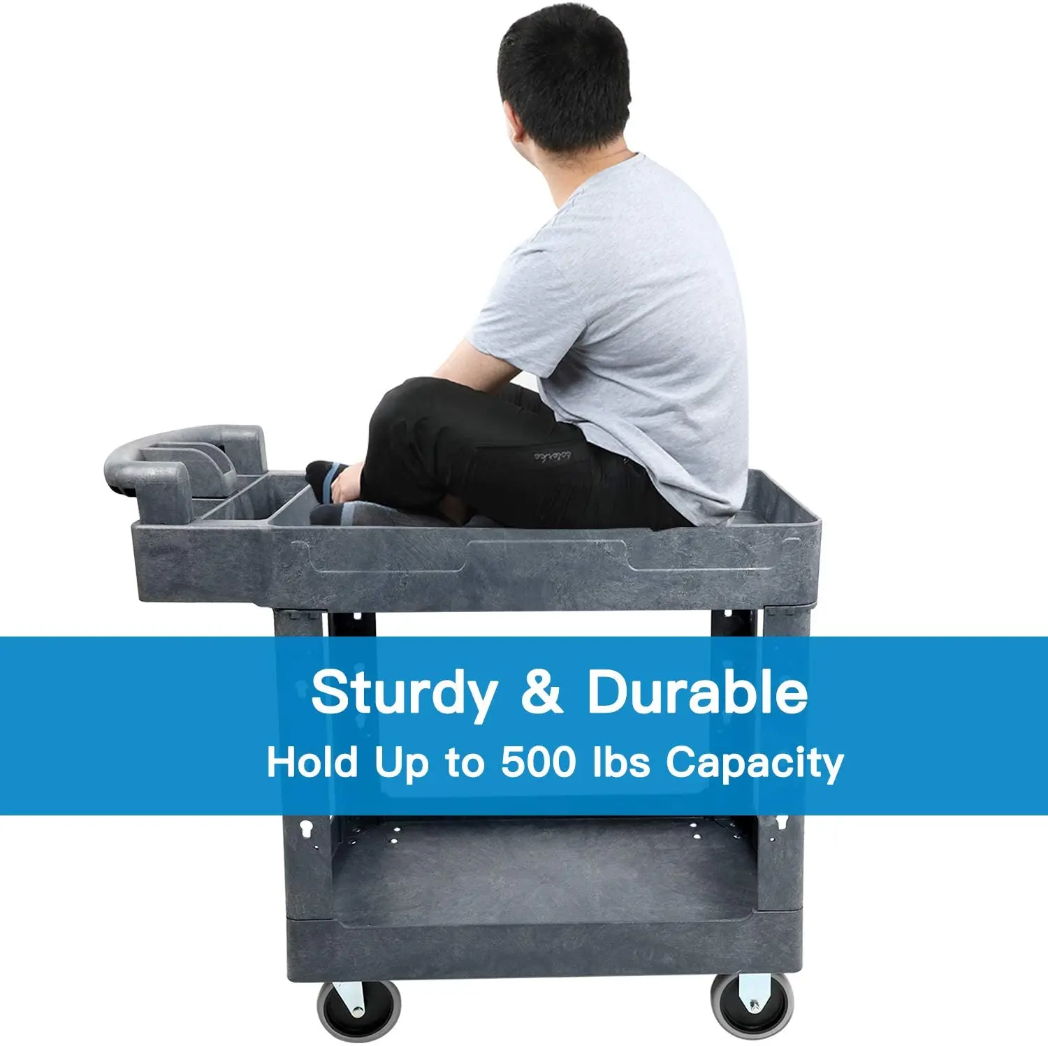 Eco-friendly Multifunctional Two Tray Handle 500lb Heavy Duty Plastic Utility Carts Service Trolley Rolling Tool Carts