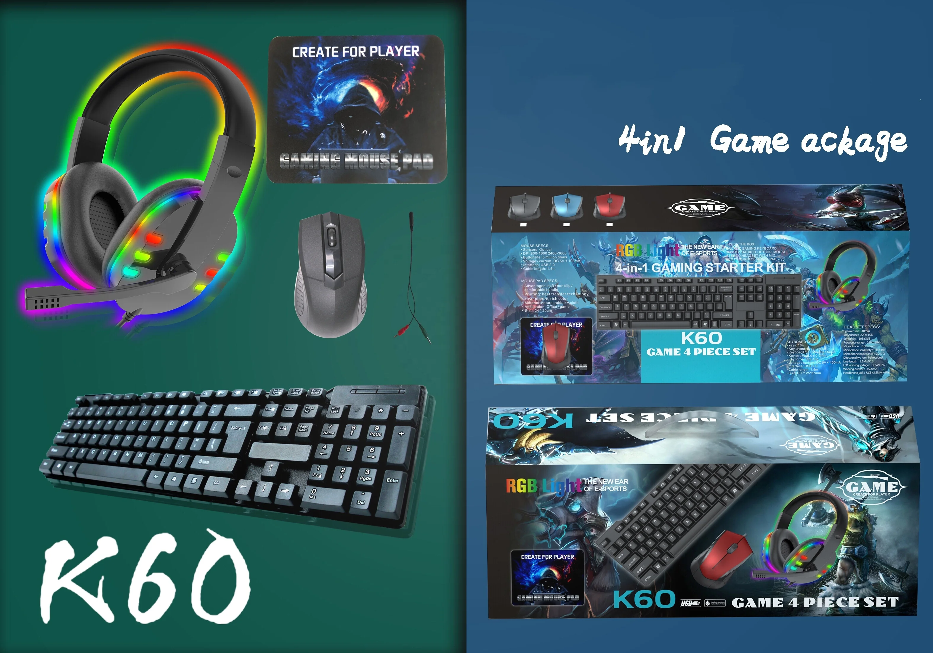 Factory wholesale mouse headset mouse pad kit gamer 4 in 1 keyboard with mouse