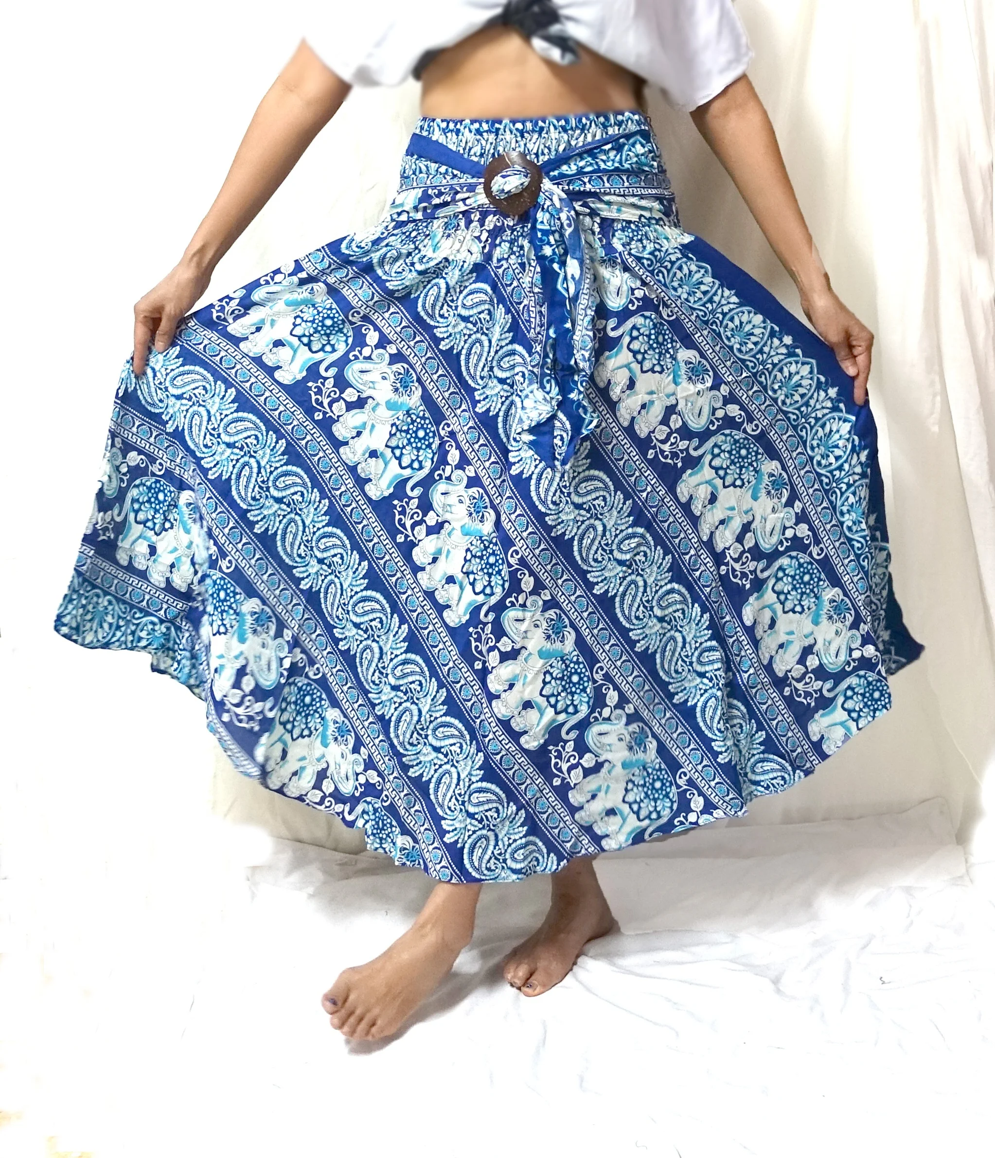 HIPPIE BOHO festival thai elephant print floral art beach multi-ware rayon maxi DRESS Kala wooden Belt Skirts