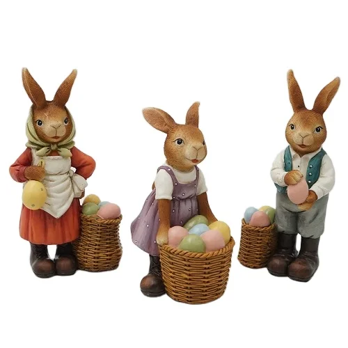 Best Selling Spring Easter Bunny Figurine Resin Rabbit&Color Egg Baskets 3 Asst Gift for Home Decor