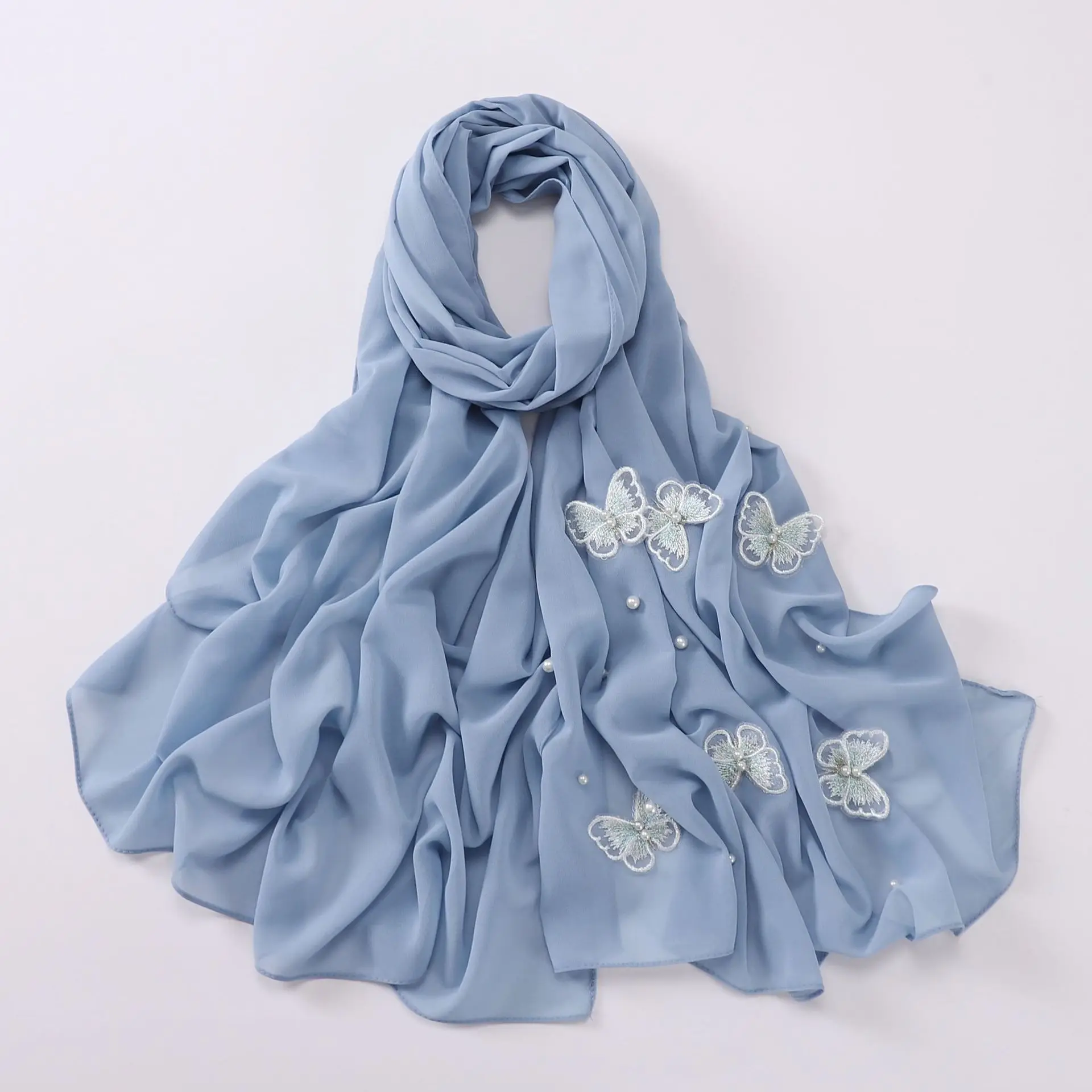Fashion Muslim Hijabs Shawl Scarf Women Pearl Chiffon Three-dimensional Butterfly Studded Scarf Ethnic Gauze Headscarf