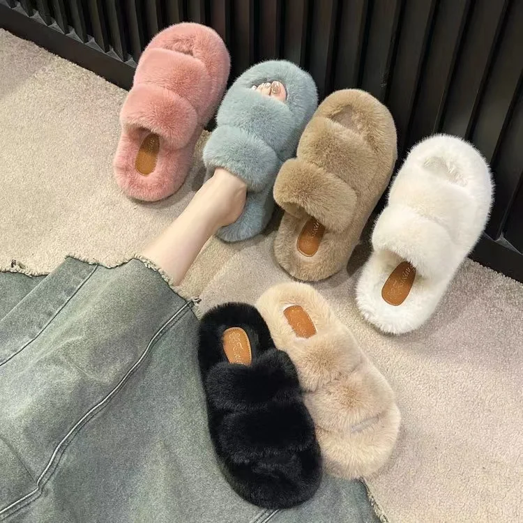 Women Warm Winter Furry Fur Shoes Fluffy Plush Sneaker Slippers Home House Indoor Shoes Bedroom Slippers Female Ladies Round Toe