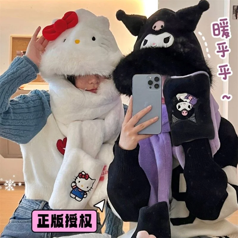 New Arrived Fashion Hello KT 3 in 1 Hats Scarf Gloves Soft Outdoor Winter Warm Women Girl Sanrioed Kuromie hats