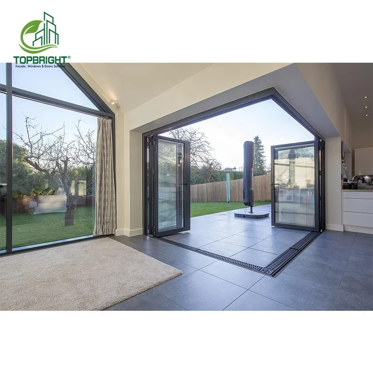 Topbright storefront double glass fold door heat insulation exterior patio bi fold doors with screen