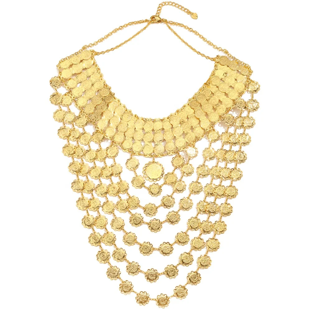 Amazon Hot Selling Copper Chain Necklace Fashion Jewelry Tassel Arabic Layered Gold Coin Necklace Gold Plated