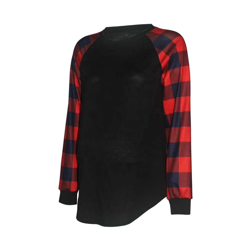 Round neck printed plaid long-sleeved maternity top  Lady Maternity Dress