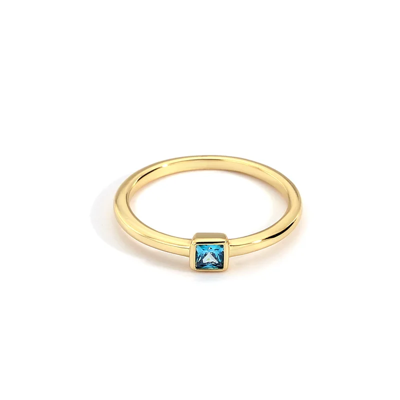Simple Fashion Brass Gold Plated Jewelry Geometric Small Square Blue Diamond Zircon Stone Fingers Ring for Women