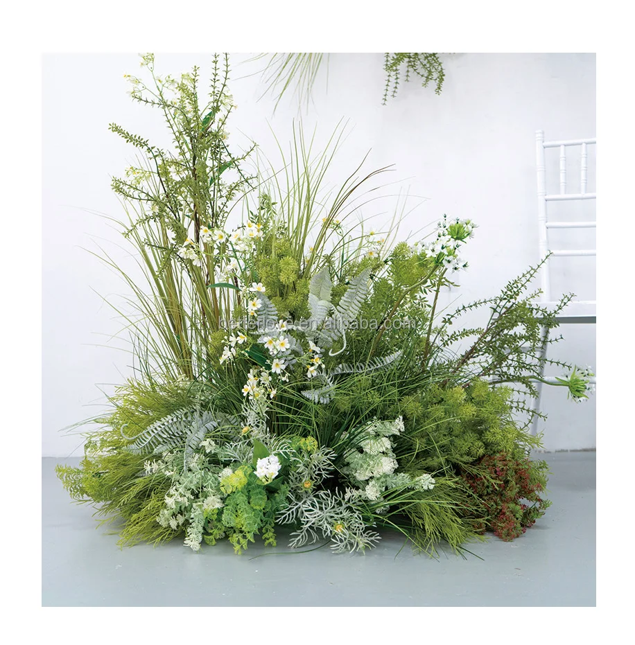 Artificial Flower Restaurant Decoration  Green Leaves White Flower Row Stage Layout Props Silk Table Flower Wedding