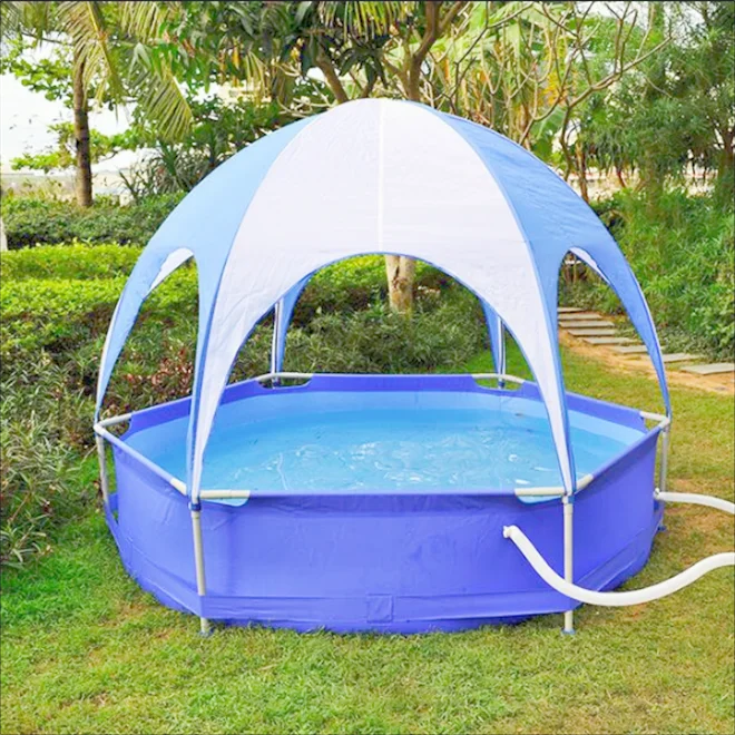 Family garden swimming pool with sunshade umbrella, foldable inflatable family tent pool