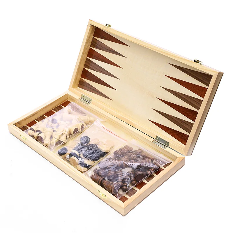 3 in 1 Non Magnetic Wooden Chess Board Backgammon Checkers Travel Games Chess Set Board Game