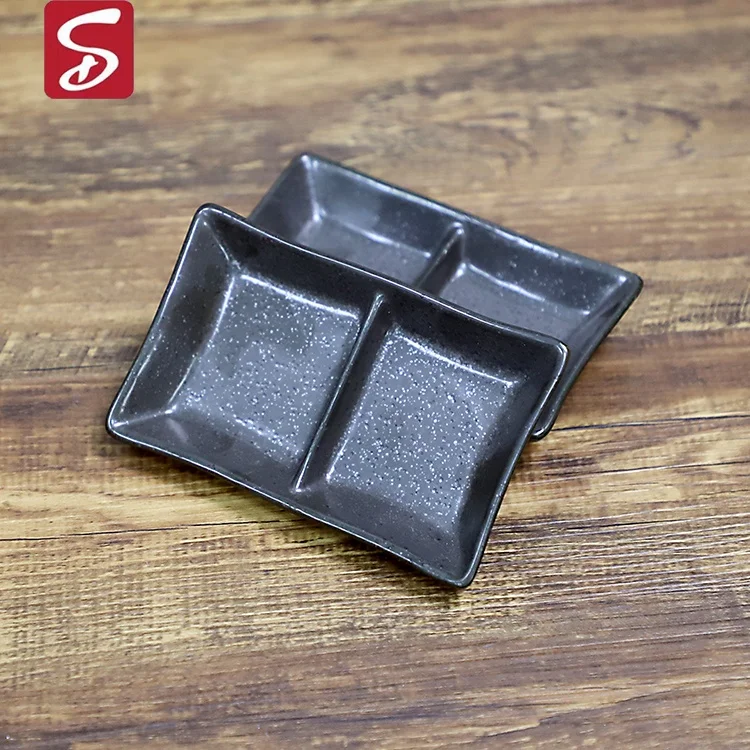 Ceramic Appetizer Serving Tray Divided Serving Platter Chips Dip Sauce Dishes 2 Compartment Snacks Dishes Tray for Spices Black