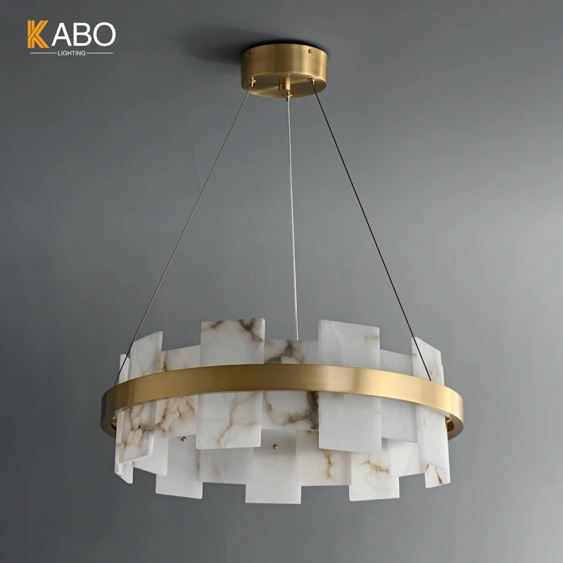 Nordic Natural Alabaster Luxury Living Room Chandelier Modern Simple Dining Room Villa Copper Rectangular Led Chandelier