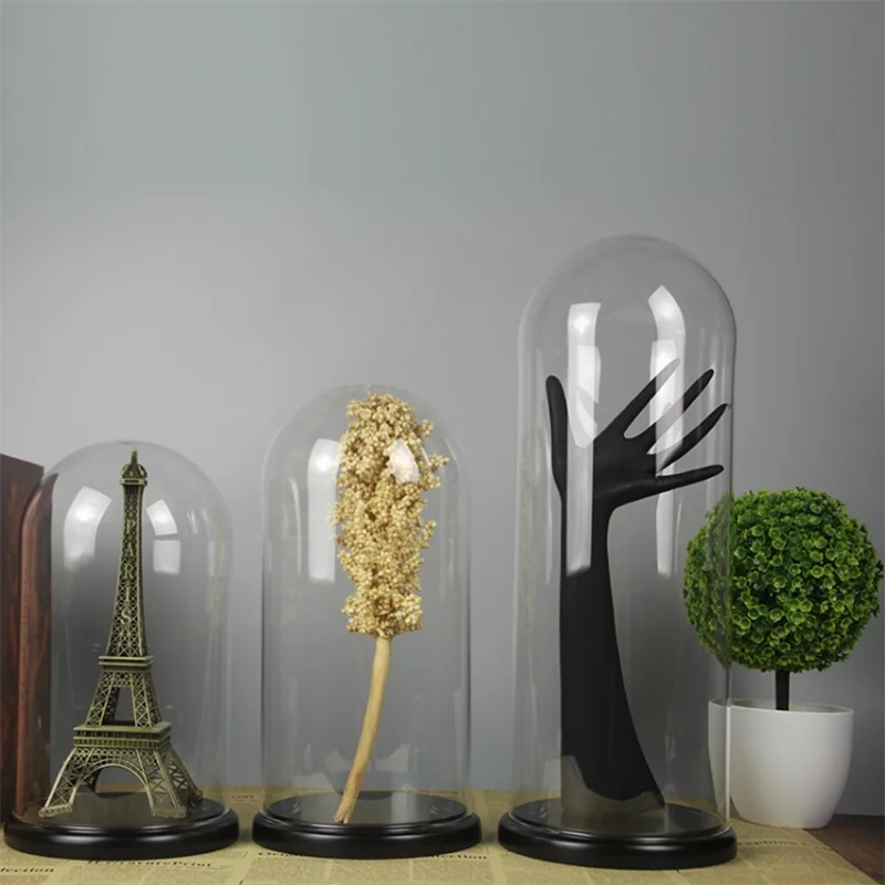 wholesale high quality transparent large decorative jewelry flower christmas led wooden base cloche bell glass display dome