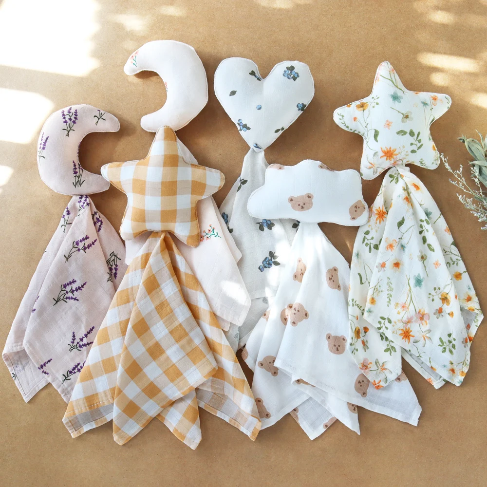 2024 New Ready to Ship 2 Layers For Newborn Baby Gift Super Soft Bamboo Cotton Baby Muslin Security Blanket Baby Lovey Star Moon