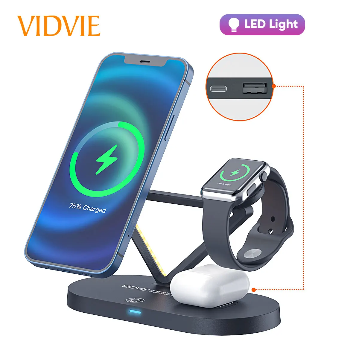 VIDVIE 2021 Newest 5 in 1 Qi Magnetic 15W 3 in 1 Wireless Charger Stand With LED Light