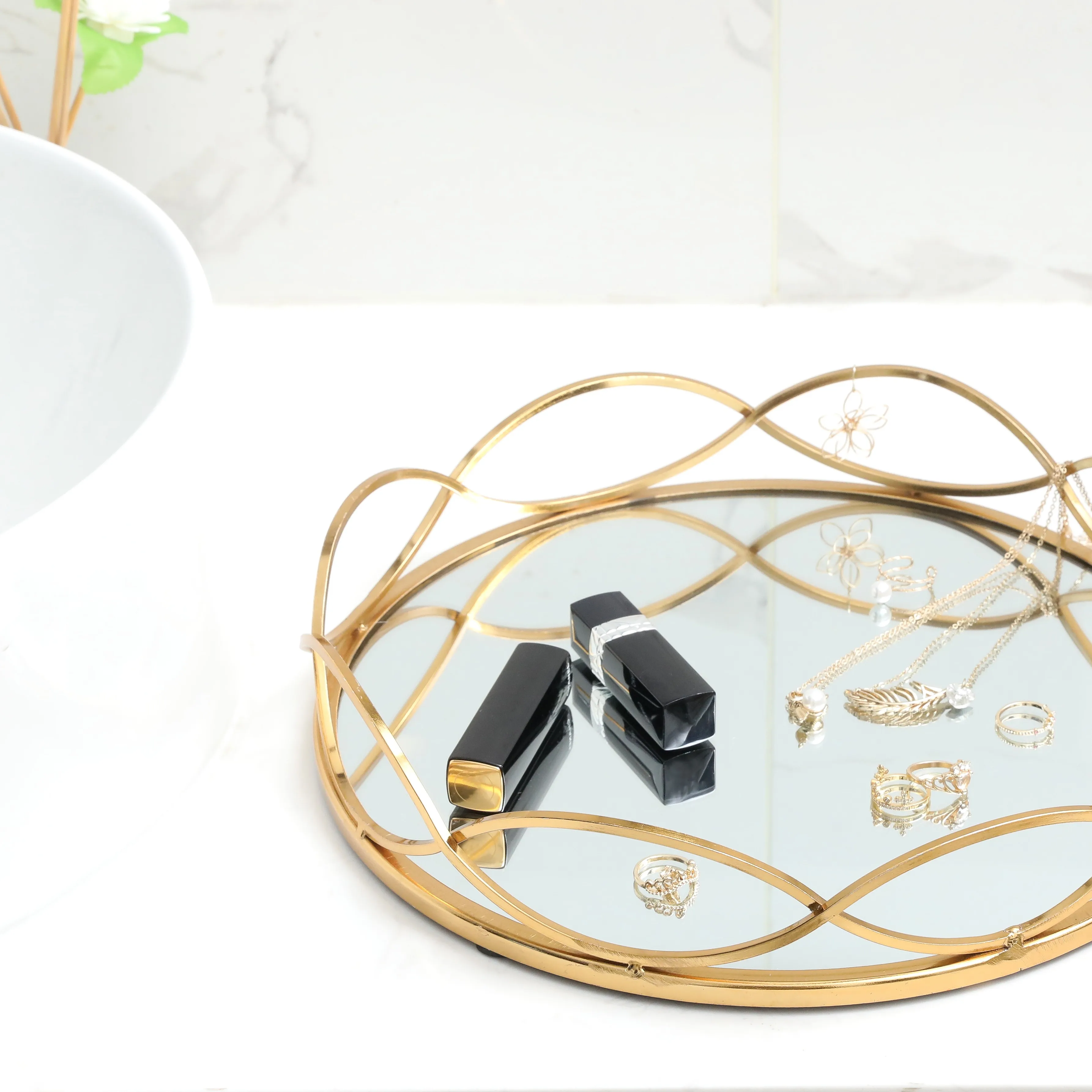 MAYCO Jewelry Organizer Makeup Dressers Vanity Perfume Metal Decorative Gold Glass Mirror Tray