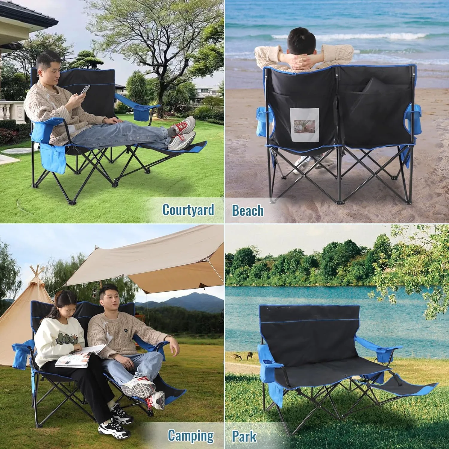 Outdoor Black Loveseat Portable 2 Person Folding Camp Chairs Camping Chair with Foot Rest  with Storage Cup Holders for Adults