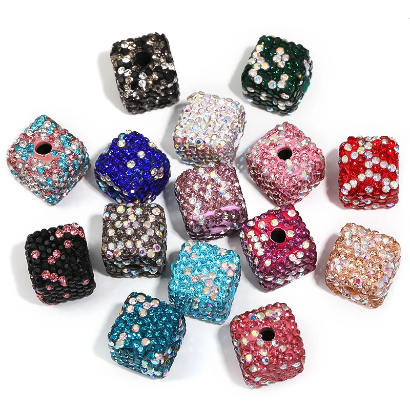 15mm Square Big Hole Rhinestone Clay Bead Handmade Full Diamond Clay Beads for Bracelet Making Accessories