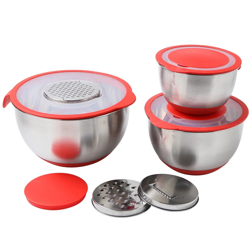 Stainless Steel Metal Mixing Fruit Salad Bowls With Airtight Lids Set with 3 Grater Attachments