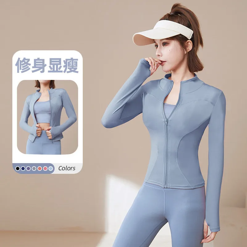 J3013 New Arrival Sun Protection Quick Drying Yoga Sports Jacket Stand Up Collar  Stretch Tight Waist Slim Fit Running Blazer