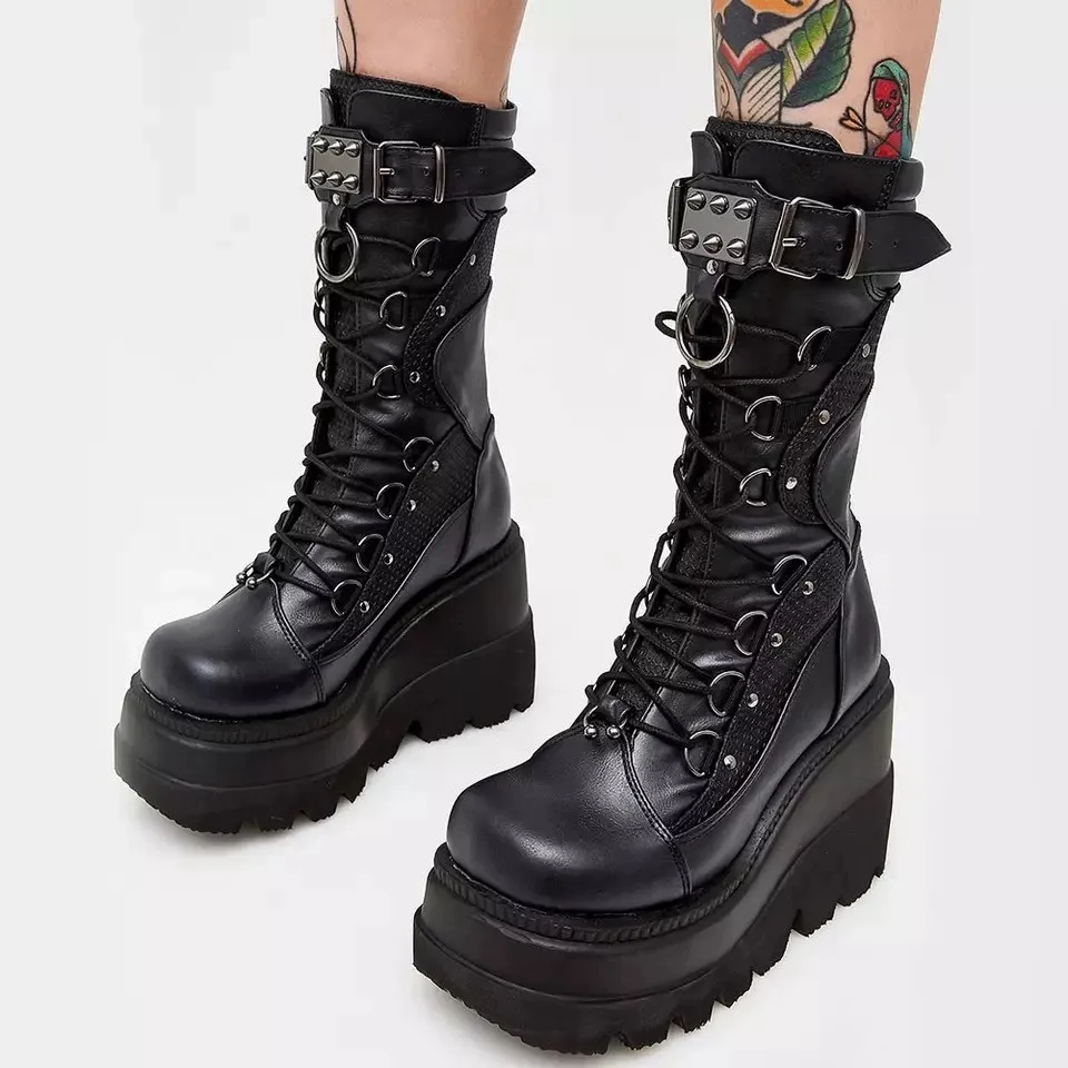 2023 dark Metal Buckle Thick Sole Shoes with Mid Barrel Lace up Knight Punk sequin boots for women Knee Length Black Wedge Heels