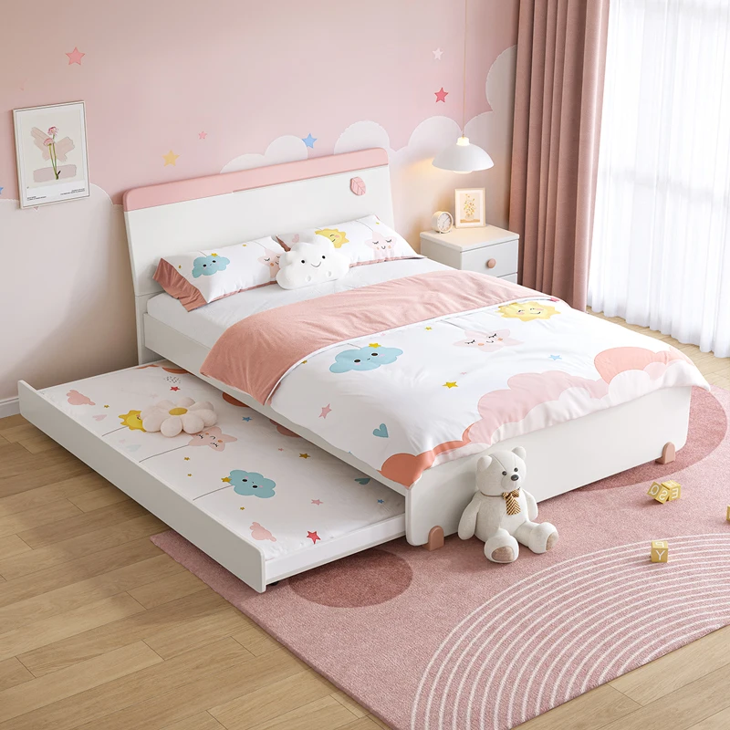 121380 quanu in stock pink solid wood bedroom furniture wooden kids bed set children wooden double bed designs