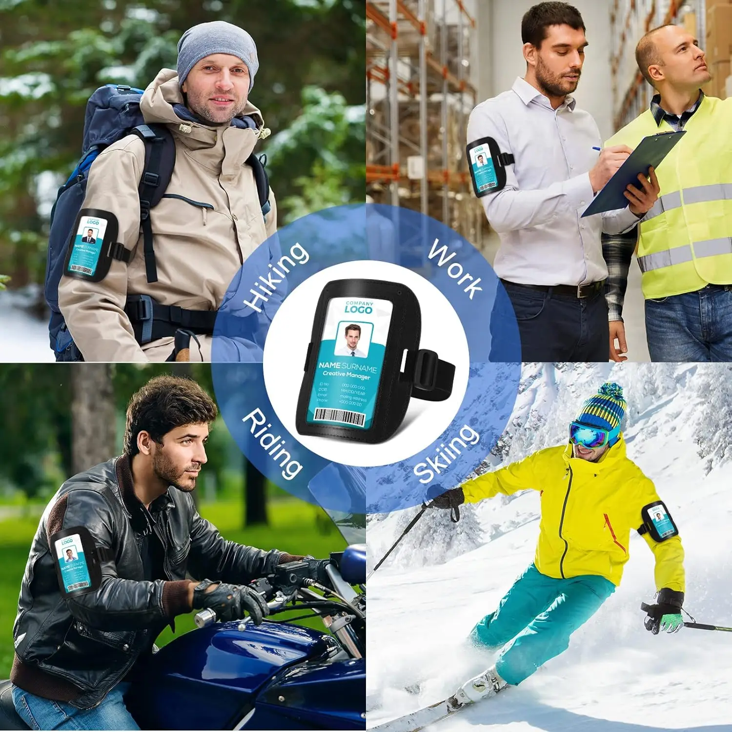 PU Leather Arm ID Badge Holder Adjustable Armband Badge Holder Waterproof Ski Pass Holder with Black Elastic