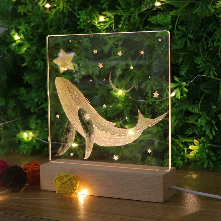 Zhongshan Factory Made Dimmable 3D whale Pattern Night Light With Wood Base