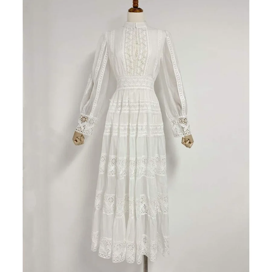 2024 Autumn New Fashionable and Elegant Long Skirt with Lace Splicing Design Lantern Sleeve Dress