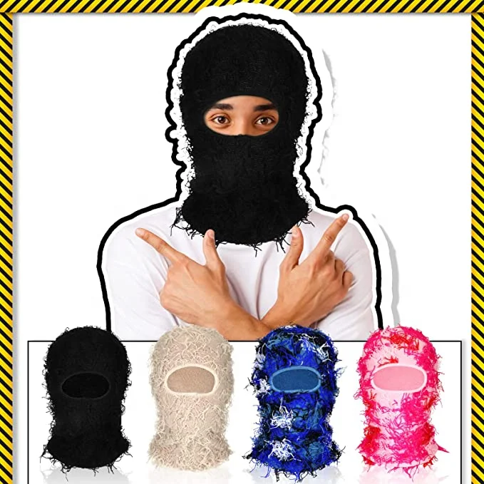 Hot Sale Conspicuous fuzzy  knitted balaclava headwear cover one hole  grassy distressed ski mask Knitted Balaclava