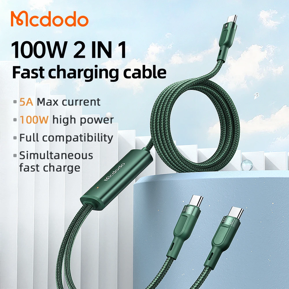 Green 2in1 High Quality Usb c to Dual Type 100W Fast Charge With E-Mark Chip Smart Laptop Cable 2 in